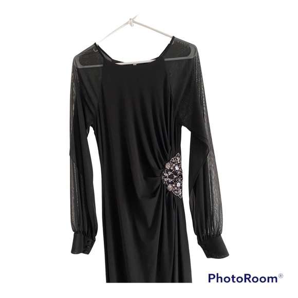 Eliza J Black Ruched Beaded Long-sleeve vintage style, 80's  Dress, size 6 - Picture 4 of 10
